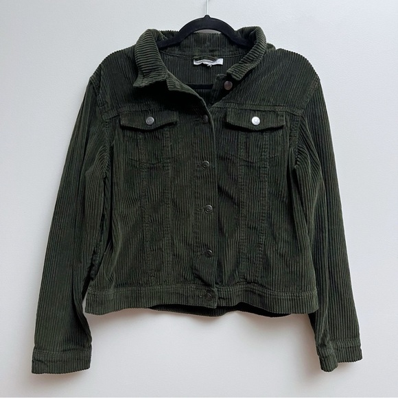Keren Hart Womens Medium Olive Green Corduroy Ribbed Button Up Cropped Jacket - Picture 1 of 7